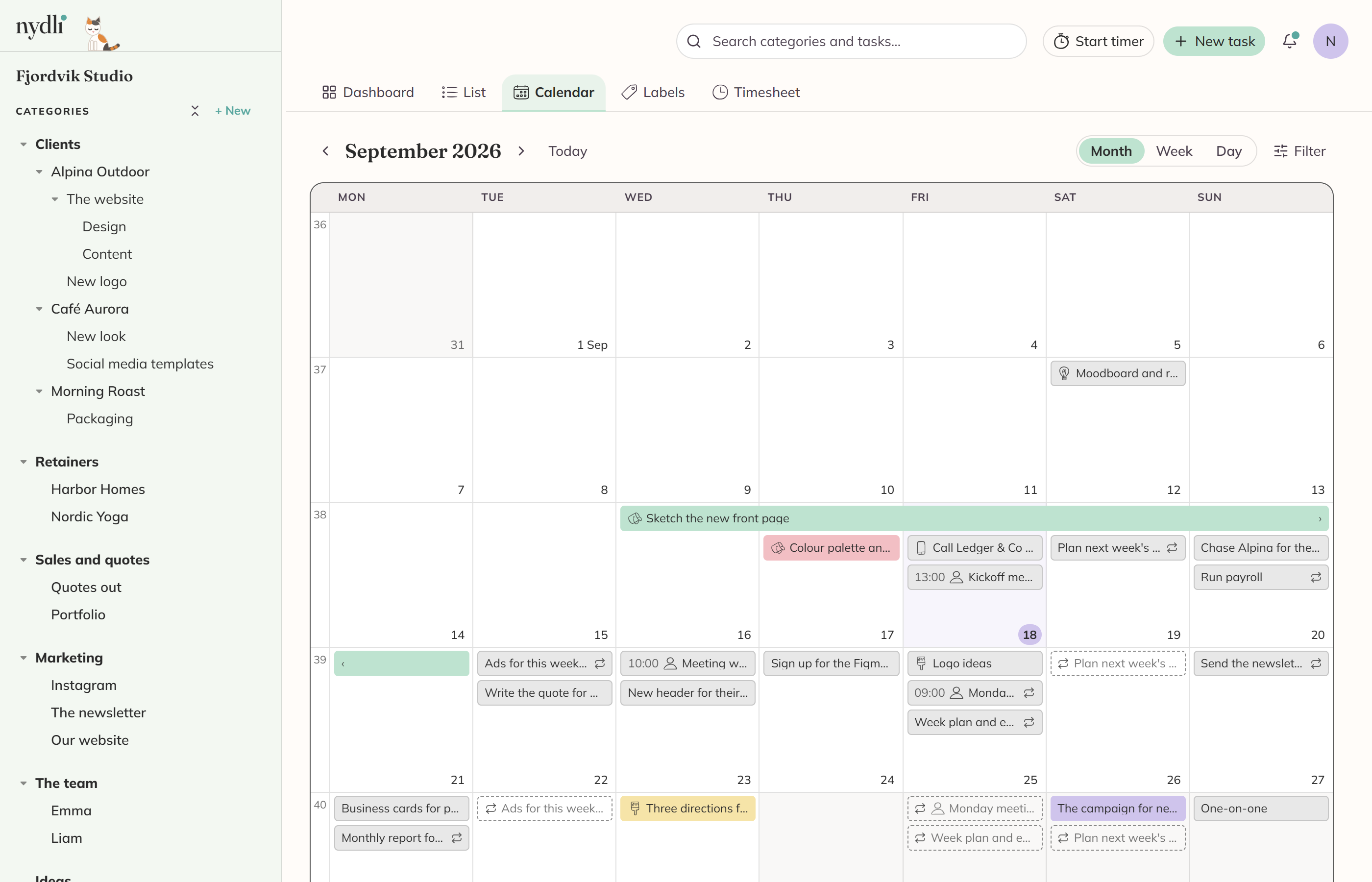 A month in the Calendar with several repeating tasks: the real ones drawn as solid chips with a loop glyph, the occurrences still to come as dashed outlines.