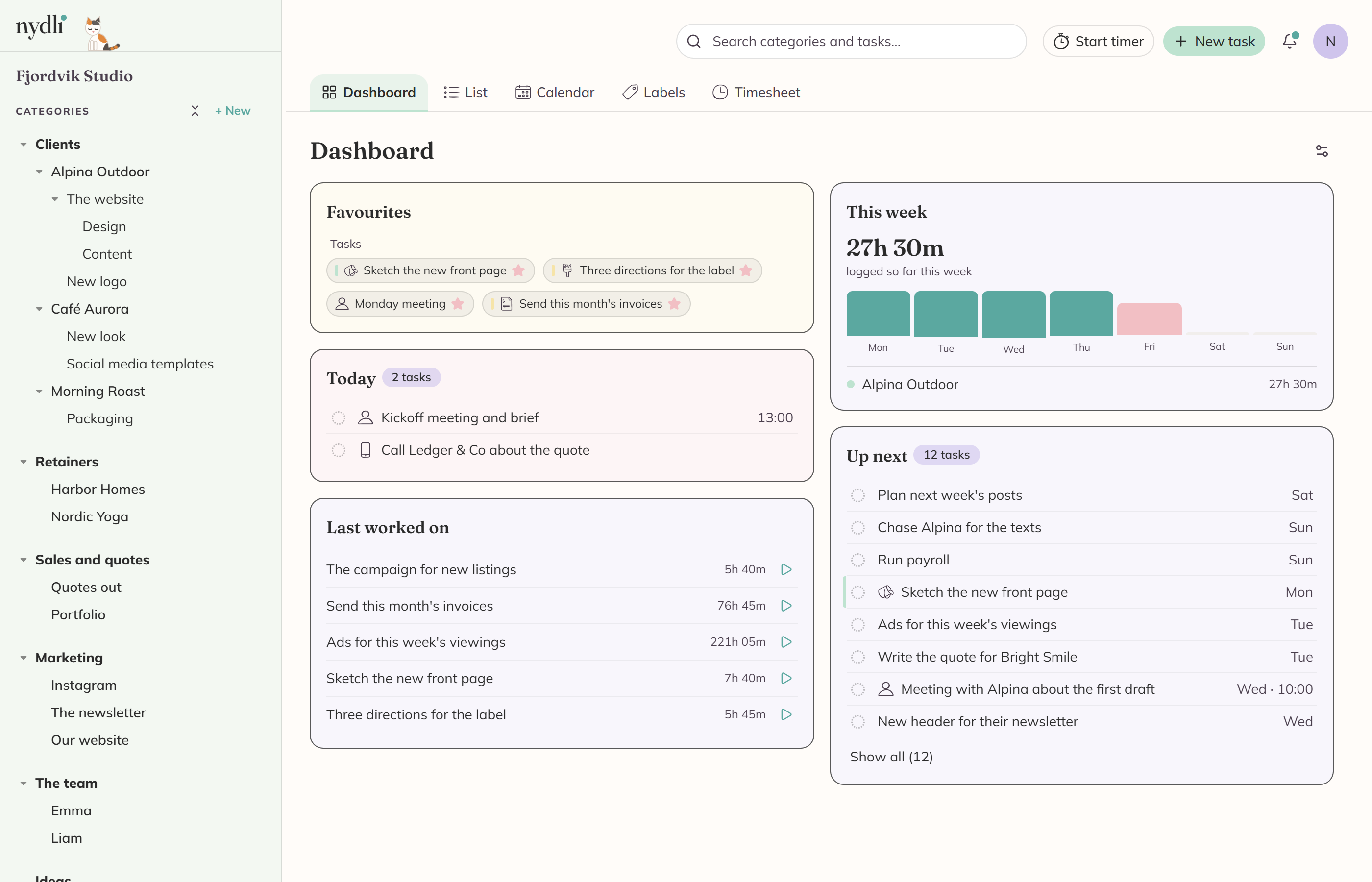 The Dashboard with its sections in two columns: Favourites, Today and Last worked on down one side, This week and Up next down the other.