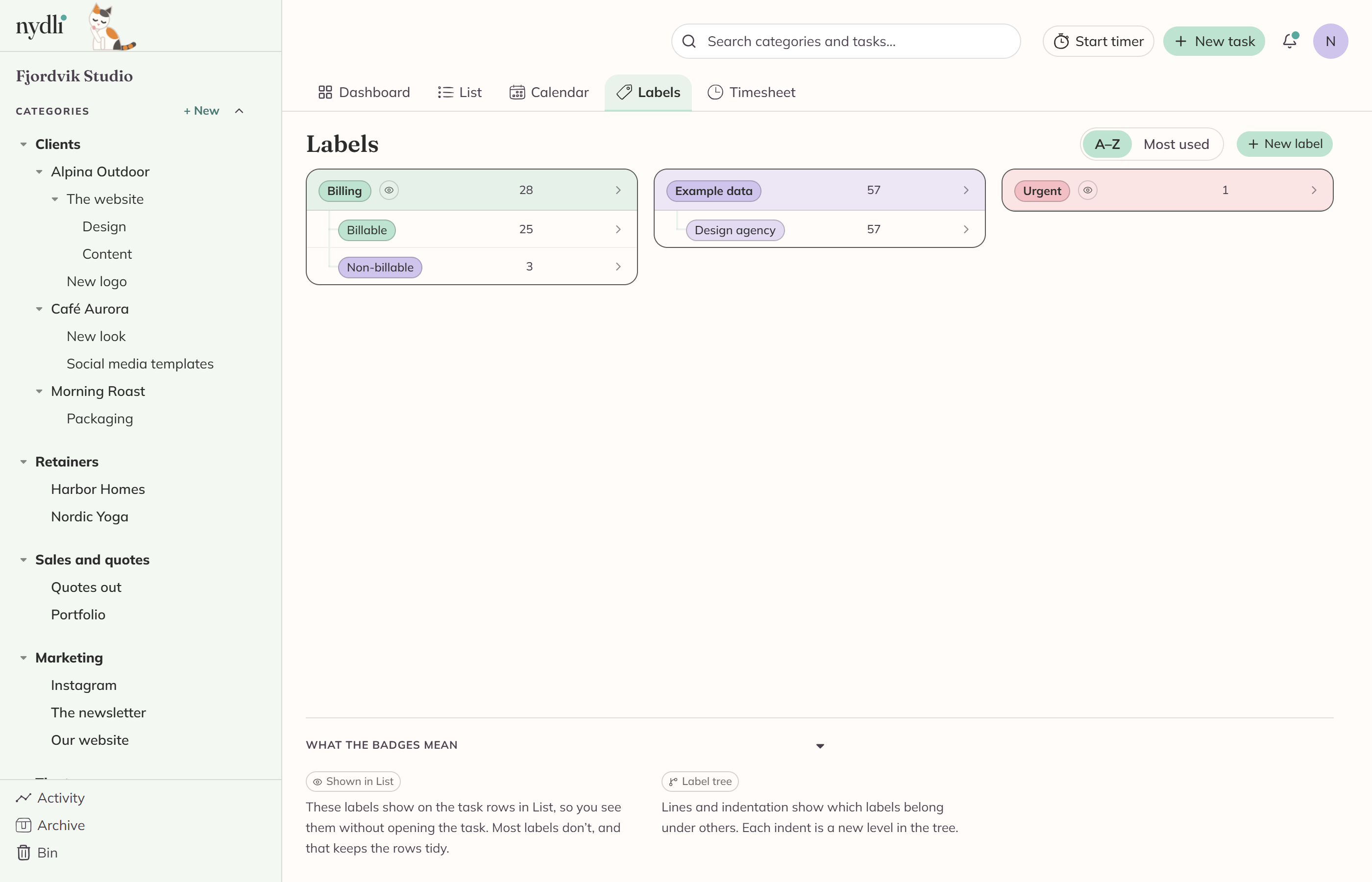 The Labels page: each tree as a card with its labels indented underneath, a usage count on every row, and the key to the badges at the foot of the page.