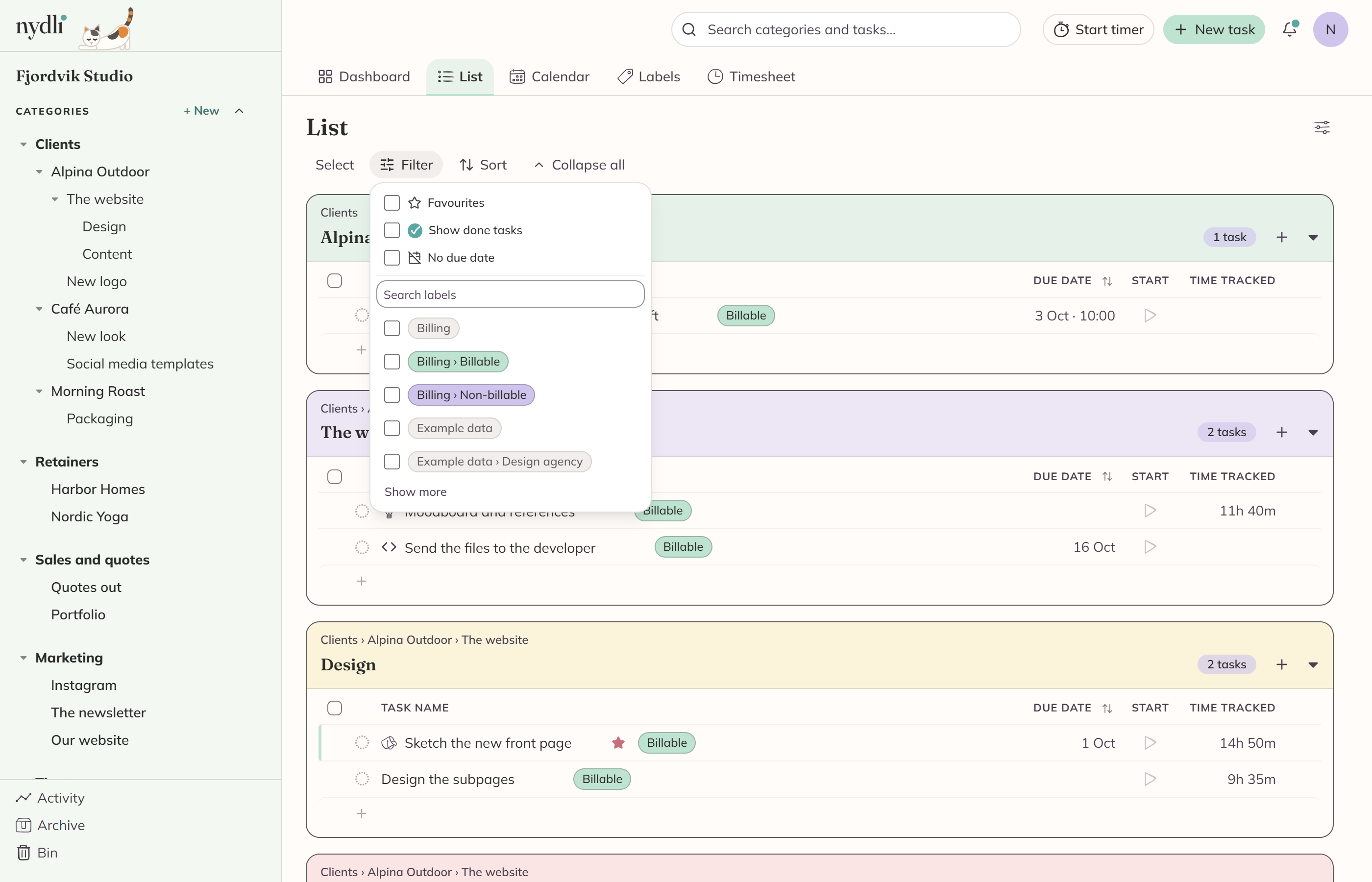 The Filter panel open over the List: favourites, done tasks and tasks with no due date at the top, then the label trees with their labels indented underneath.