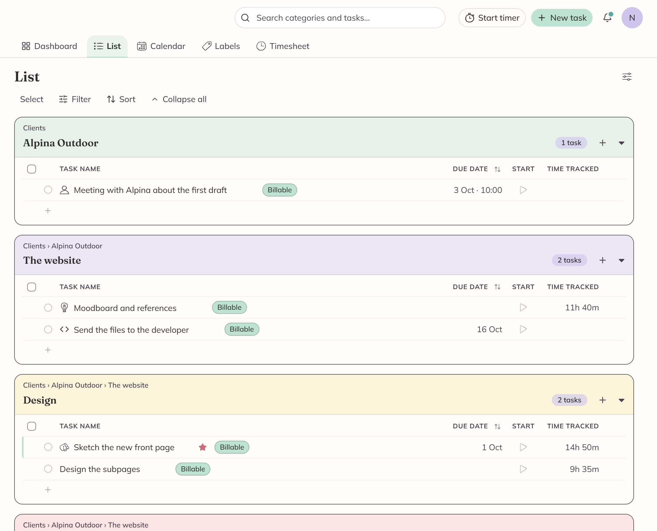 A List section close up: the done circle and colour stripe at the front of a row, then the title, favourite star and label chip, and the due date, timer and time-tracked columns.