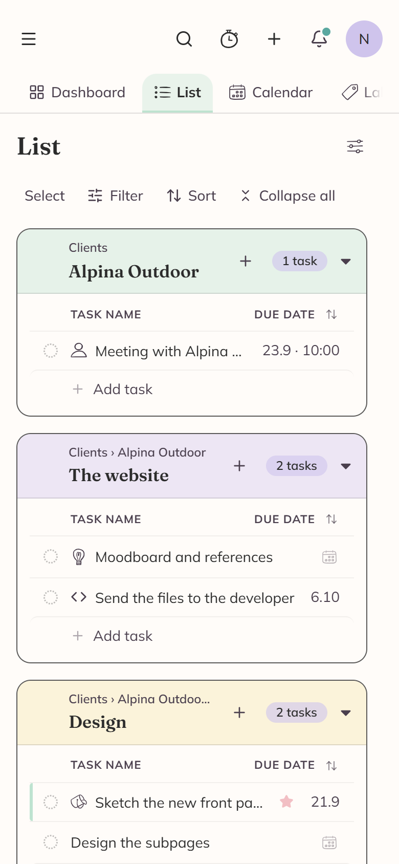 The List on a phone: the category tree behind a menu button, the search as an icon, and the rows down to task name and due date.