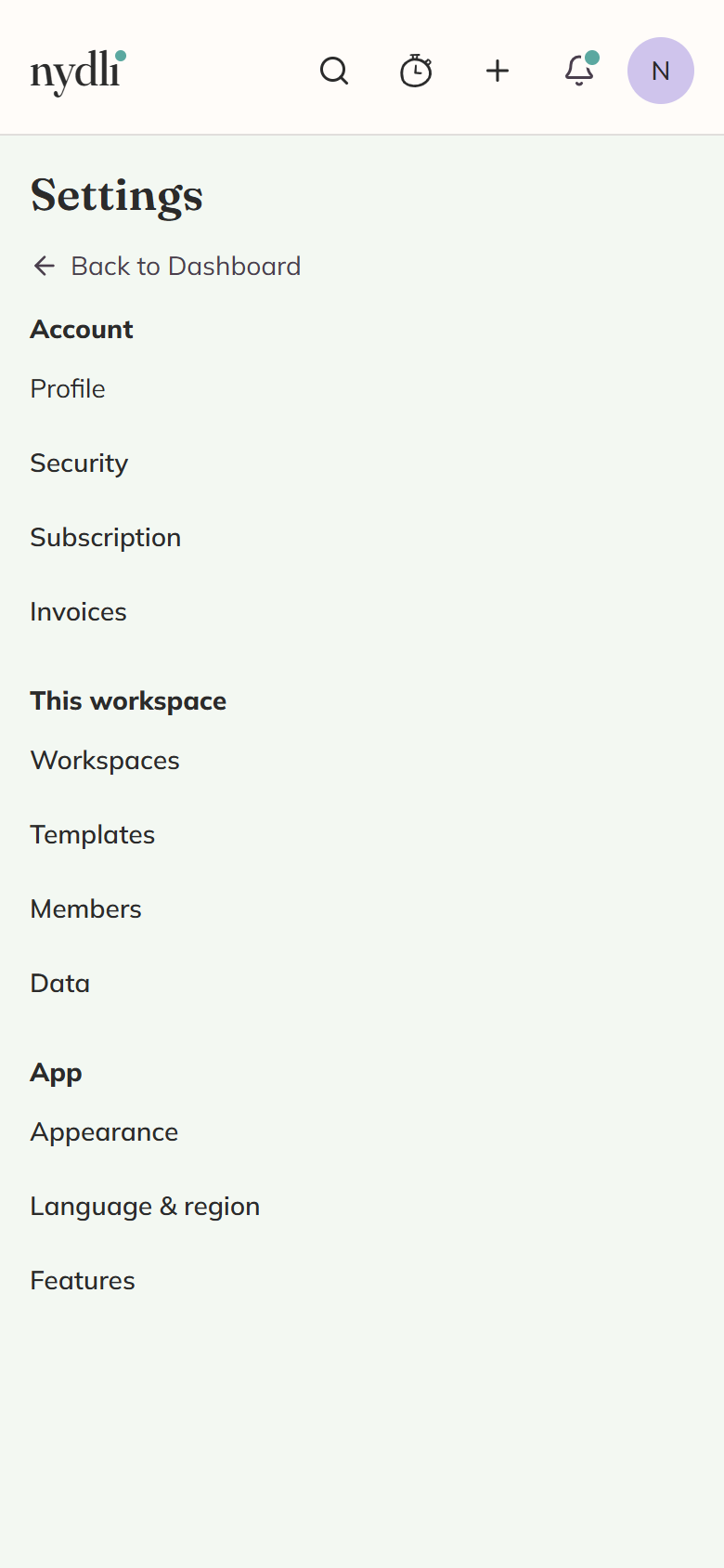 Settings on a phone: the sections as a list of their own, grouped under Account, This workspace and App.