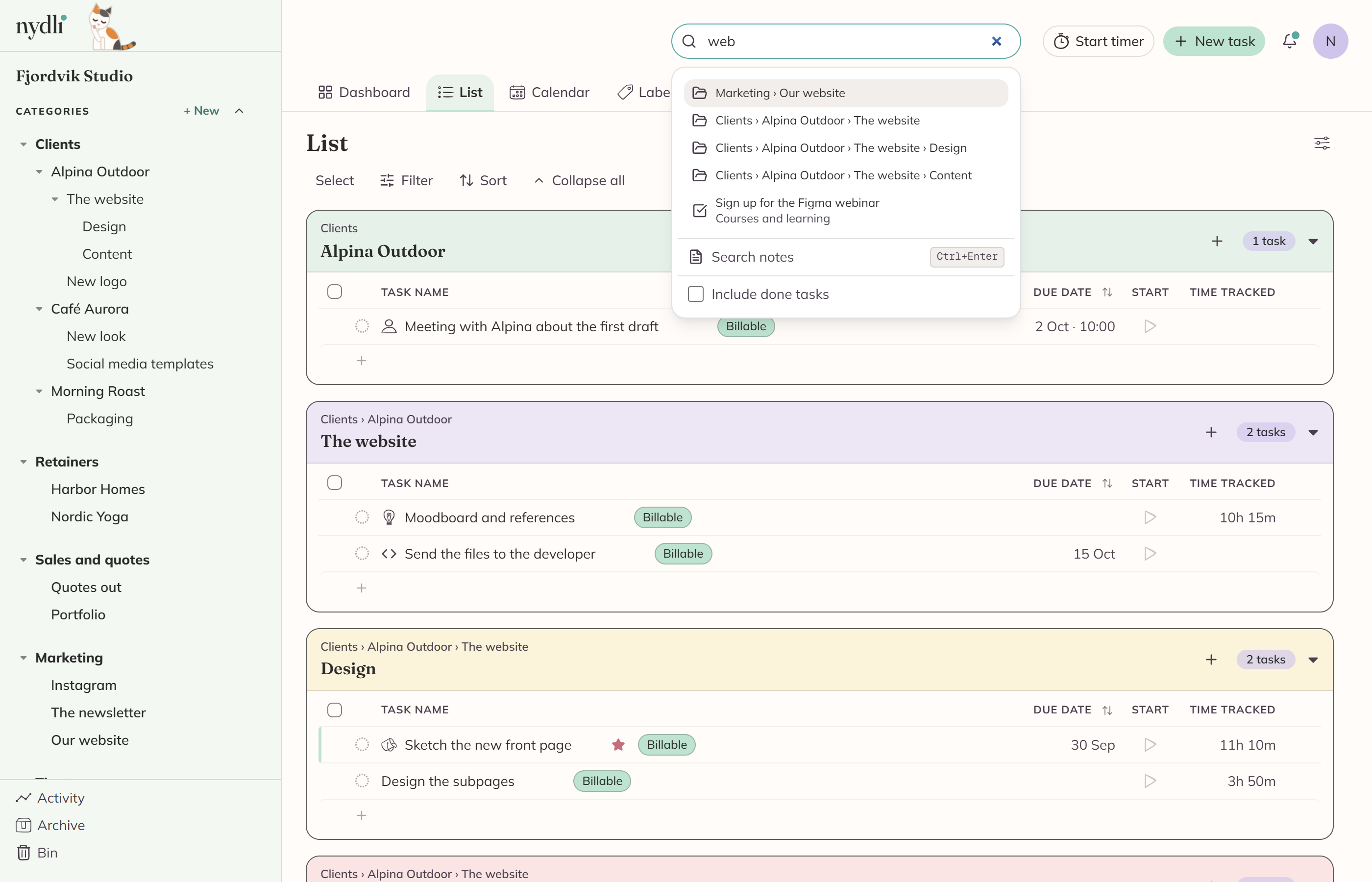 Search after three keystrokes: matching categories with their full paths, a task with its category underneath it, and the way through to searching notes below them.