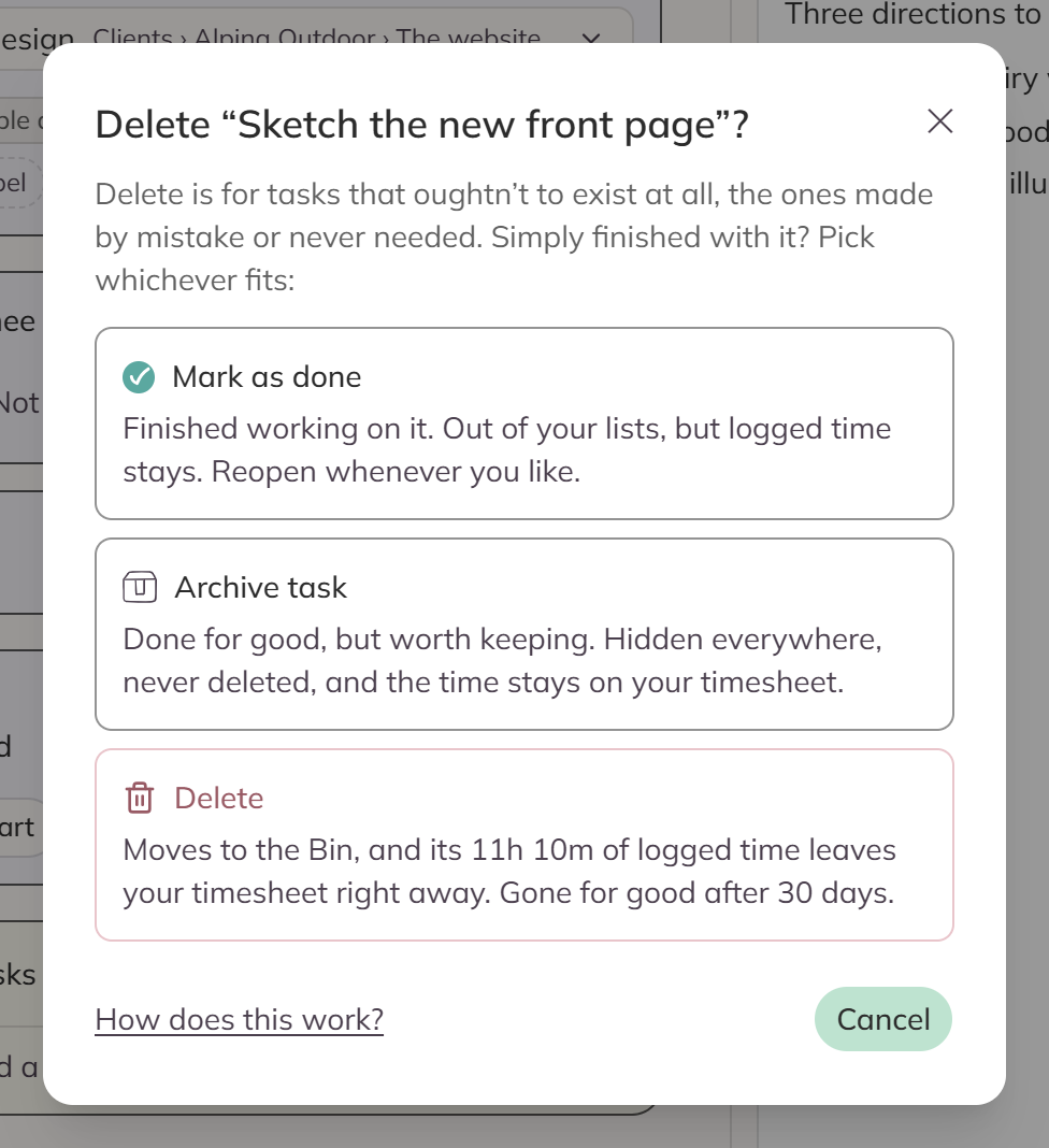 The dialog that opens on Delete, offering Mark as done, Archive and Delete in that order, with the logged time at stake spelled out on the delete option.