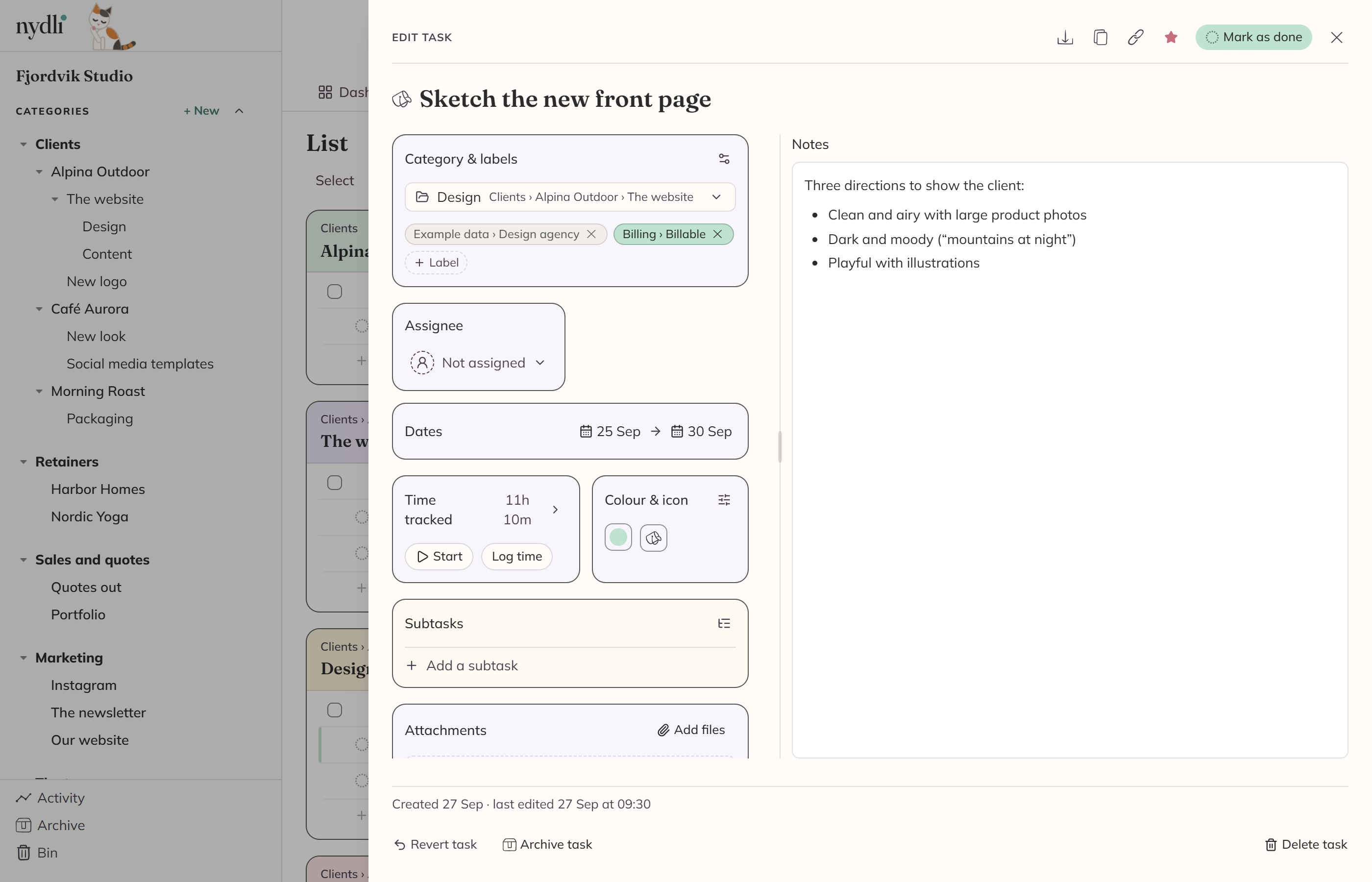 A task open in the editor: boxes for category and labels, assignee, dates, tracked time, colour and icon, subtasks and attachments, with the notes alongside them.