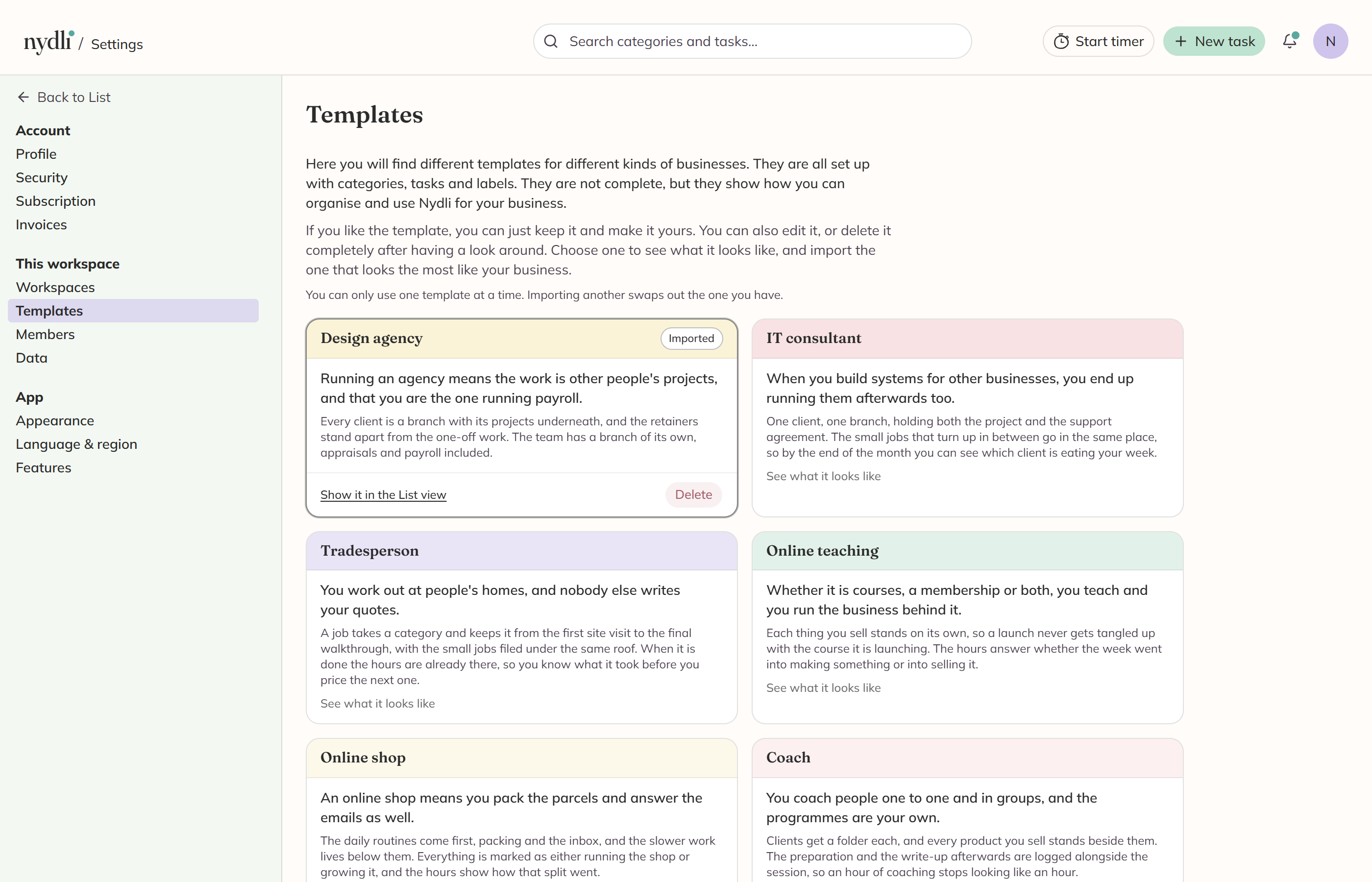 Settings, Templates: a card per ready-made setup, saying who it suits and how it's put together, with the imported one marked.