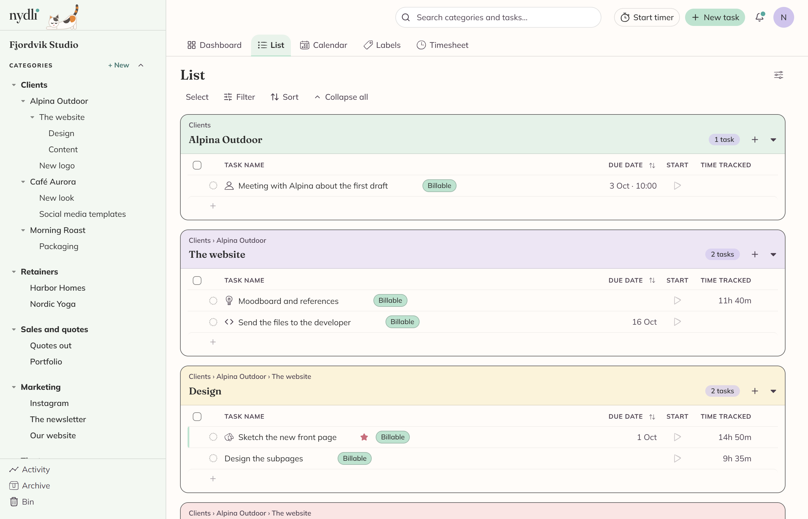 The whole app: the category tree down the left, the tasks of those categories in the middle, and the view switcher and search across the top.